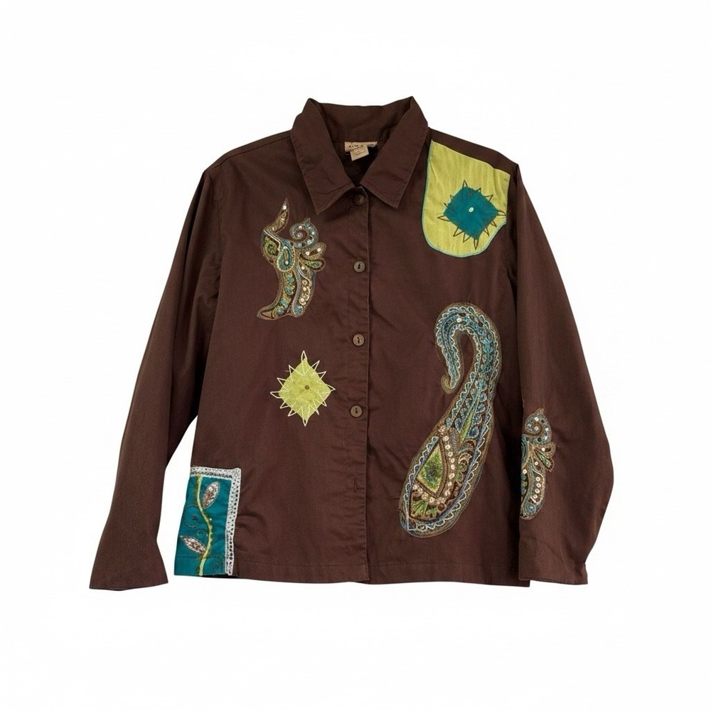 Choices Button Up Long Sleeve Embroidered Shirt Womens L Petite Brown KT1WJ0014